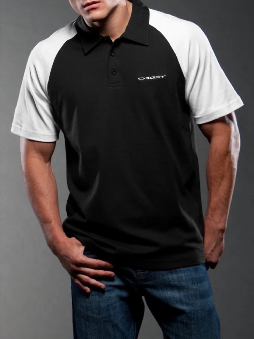 Oakley Black Polo with White Raglan Sleeves Golf Shirt